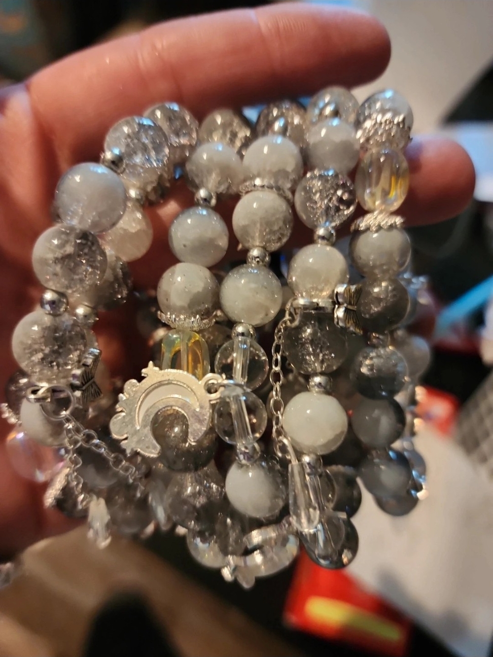 Handmade Gray and Clear Beaded Stretch Bracelet Stack Bundle